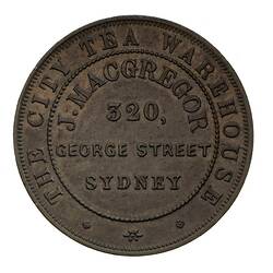 Token - 1 Penny, J. MacGreggor, Sultan's Steam Coffee Works & City Tea Warehouse, Sydney, New South Wales, Australia, circa 1868