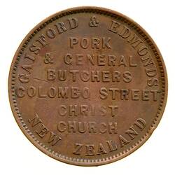 Token - 1 Penny, Gaisford & Edmonds, Butchers, Christchurch, New Zealand, 1875