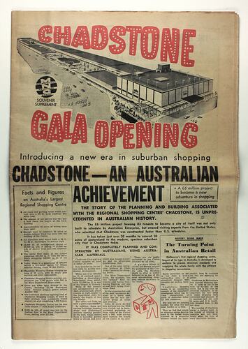 Front of newspaper with line drawing of shopping centre and red heading