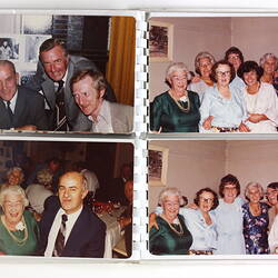 Four photographs of party guests in plastic album.