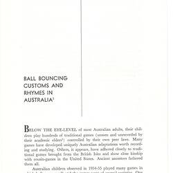 Article - Dorothy Howard, 'Ball Bouncing Customs and Rhymes in Australia', Midwest Folklore, Vol. IX, No. 2, 1959