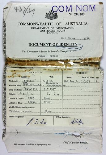 Identity Document - James Forbes, Department of Immigration, Commonwealth of Australia, 16 Jun 1961