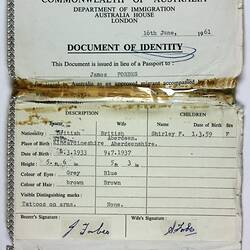 Identity Document - James Forbes, Department of Immigration, Commonwealth of Australia, 16 Jun 1961