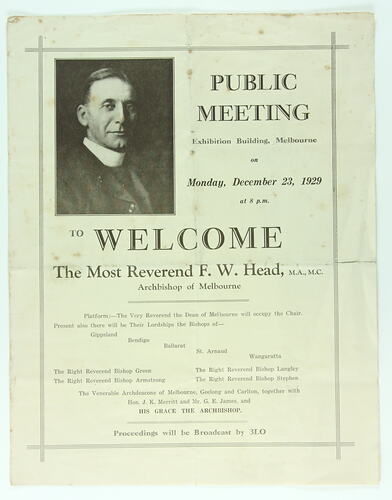 Proceedings - 'Public Meeting to Welcome The Most Reverend F. W. Head,  Archbishop of Melbourne', Exhibition Building, Melbourne, 23 Dec 1929