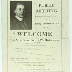Proceedings - 'Public Meeting to Welcome The Most Reverend F. W. Head,  Archbishop of Melbourne', Exhibition Building, Melbourne, 23 Dec 1929