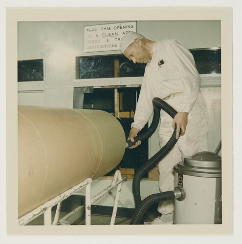 Slide 167, 'Extra Prints of Coburg Lecture', Worker Vacuuming Product, Kodak Factory, Coburg, circa 1960s