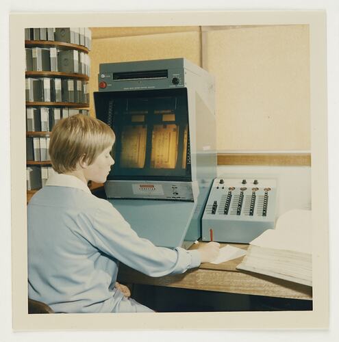 Worker Reviewing Mailing Addresses, Building 20, Kodak Factory, Coburg, circa 1960s