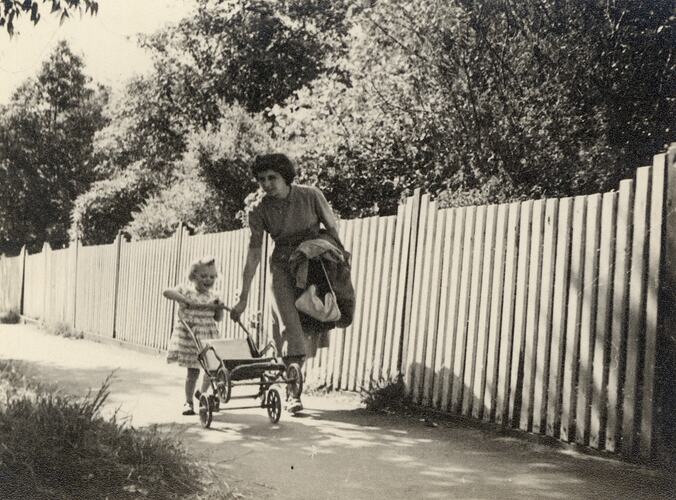 Eileen & Susan Leech Pushing Pram Along Street, Frankston, circa 1954