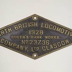 Locomotive Builders Plate - North British Locomotive Co., Glasgow, Scotland, 1928