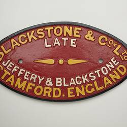 Builder's Plate - Blackstone & Co., Stamford, England, 1889-1937