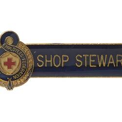 Enamel badge, red cross, blue strip with gold text.