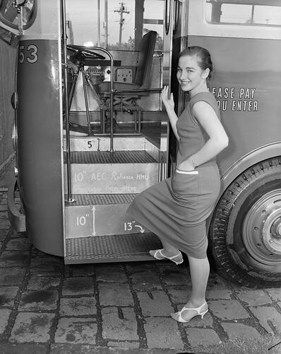 Associated Equipment Company, Woman Boarding a Bus, North Melbourne, Victoria, Feb 1959