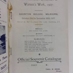 HT 48893, Catalogue - Official Souvenir, 'First Australian Exhibition of Women's Work', Exhibition Building, Melbourne, 23 Oct - 30 Nov 1907 (ROYAL EXHIBITION BUILDING)