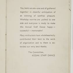 Programme - Kodak Australasia Pty Ltd, 'Kodak Staff Dance', 06 Aug circa 1920's, Page 1