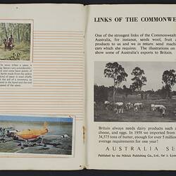 Card album, open, printed text and colour section on aboriginal settlement and local produce.