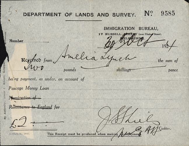 Receipt - Loan Repayment, Department of Lands and Survey, Immigration Bureau, Melbourne 30 Oct 1924