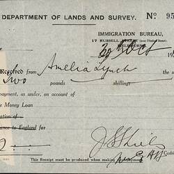 Receipt - Loan Repayment, Amelia Lynch, Department of Lands and Survey, Immigration Bureau, Melbourne 30 Oct 1924