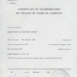 Certificate - Company Name Change, Ionian Trading Company, Melbourne, 2 Feb 1983