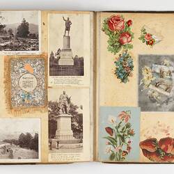 Open scrapbook showing 2 pages of inscriptions and illustrations, mostly landscapes, statues and floral motifs