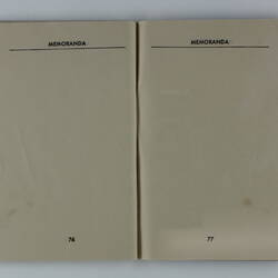 Open booklet, two white pages with black printing. Page 76 and 77.