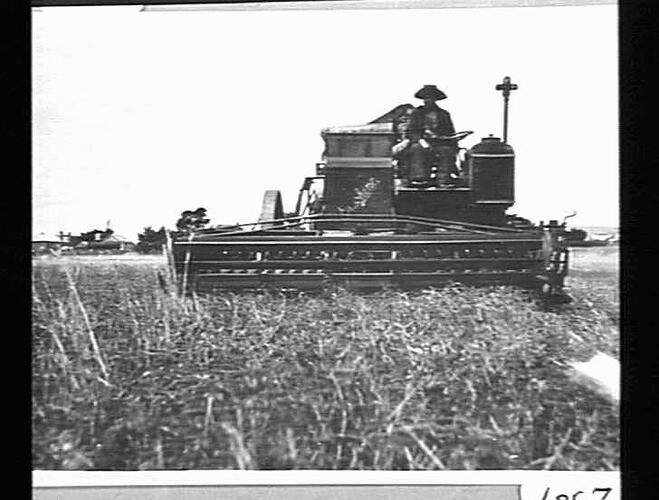 AUTO AT WORK IN PEAS ON MR. ARTHUR TEESE PROPERTY, SMEATON, VIC: FEB 1933