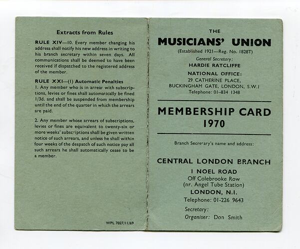 Membership Card - Lindsay Motherwell, Musicians Union, London, 1970