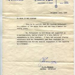 Letter - Professional Recommendation, Professional Musicians' Union Of Australia, Lindsay Motherwell, 15 Dec 1966