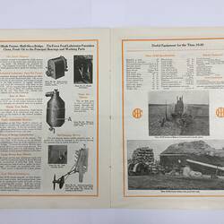 Open pamphlet, seven images of tractor parts and tractors. Black and orange printing.