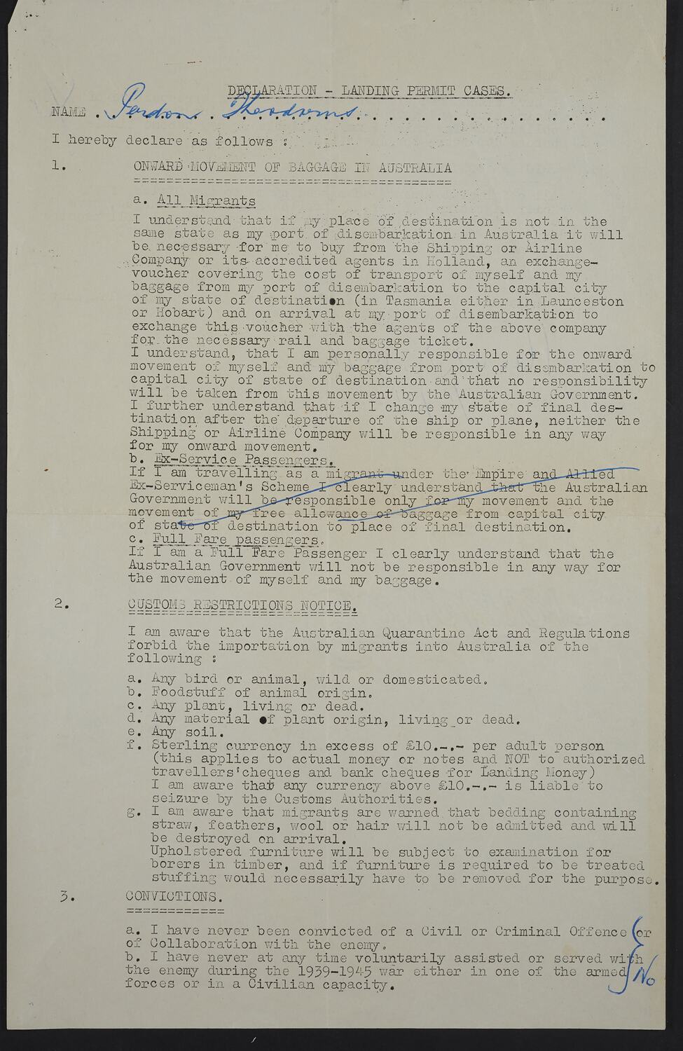 Declaration Statement - Onward Movement Of Baggage, circa 1952