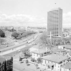 Negative - View of B.P. Building & St Kilda Road from Domain Road, Melbourne, 25 Sep 1964
