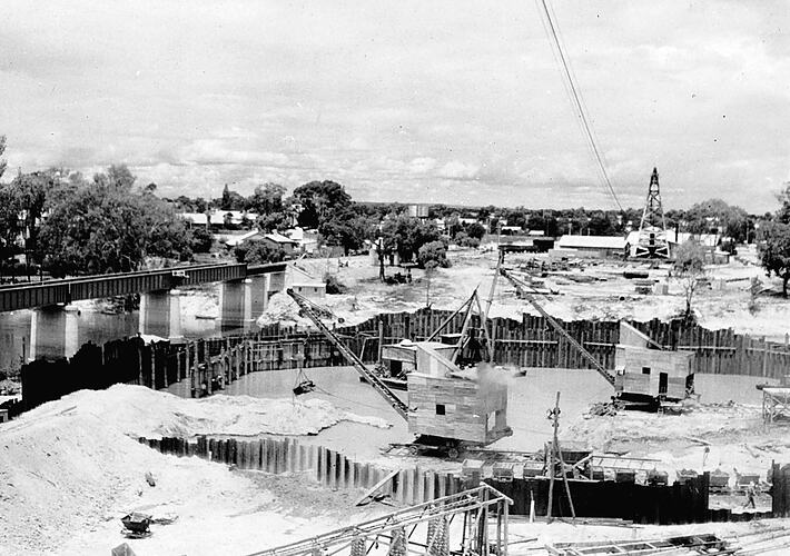 Construction site beside a bridge on the Yarrawonga-Oaklands line, post 1938.