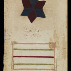 Page 15 of an unbound book with two sewing samples. Red and blue star and white piece with embroidered lines.