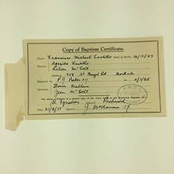 Baptism Certificate - Francisco Michael Castillo, St Ignatius Church, Richmond, 21 Sep 1955