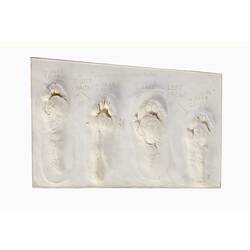 White plaster casts of the undersides of thylacine feet.