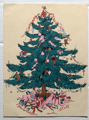 Drawing of a Christmas tree with presents underneath.