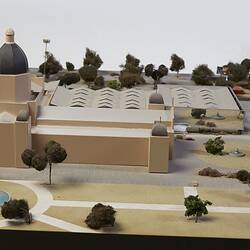 Architectural model of Royal Exhibition Building, Carlton Gardens with fountains, carpark and annexes.