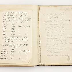 Open book with off white ruled pages. Handwritten text.