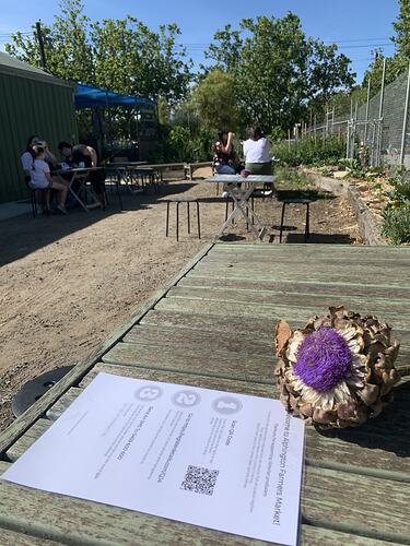 Laminated QR Code sign on an outdoor table, with socially distanced tables and diners in the background.