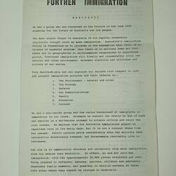 Document - 'Manifesto', Australians Against Further Immigration, circa 1990