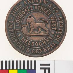 Token - 1 Penny, John Andrew & Co, Drapers, Melbourne, Victoria, Australia, 1860
