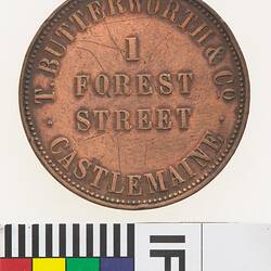 Token - 1 Penny, T. Butterworth & Co, Drapers, Grocers & General Provision Merchants, Castlemaine, Victoria, Australia, circa 1858