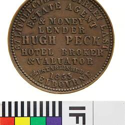 Token - 1 Penny, Hugh Peck, Estate Agent & Money Lender, Melbourne, Victoria, Australia, 1862
