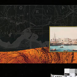 Black card with grey map of Port Phillip Bay. Red earthy strip along base and watercolour bay scene at right.