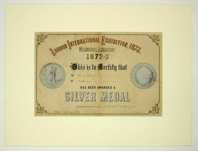 Certificate - London International Exhibition 1873