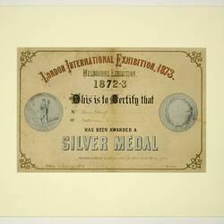 Certificate - Melbourne Exhibition, Awarded to Thomas Gaunt, 1872-73