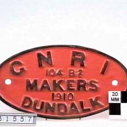Locomotive Builders Plate - Great Northern Railway (Ireland), Dundalk Works, Ireland, 1910
