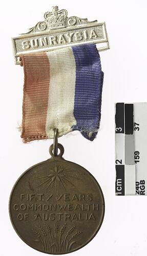 Round bronze coloured medal with text and red, white and blue ribbon attached.