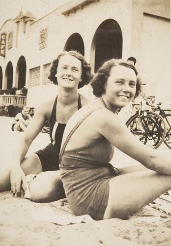 Digital Photograph - Two Girls on Beach by St Kilda Baths, circa 1930