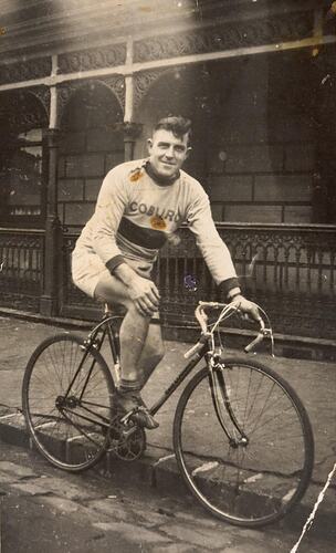 Digital Photograph - Man on Racing Bicycle, Outside Home, Fitzroy North, 1940-1945