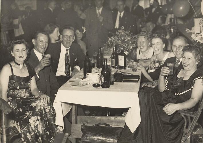 Digital Photograph - Men & Women Sitting at Table, Huttons Smallgoods Dinner Dance, 1952